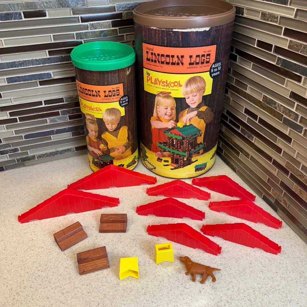 VTG Playskool Lincoln Logs Wood Building Sets No #890 & #893 w/ Canisters 300pc